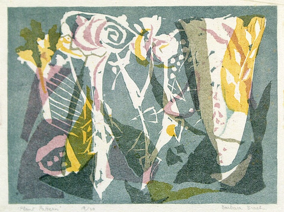 Artist: b'Brash, Barbara.' | Title: b'Plant pattern.' | Date: c.1954 | Technique: b'linocut, printed in colour, from four blocks'