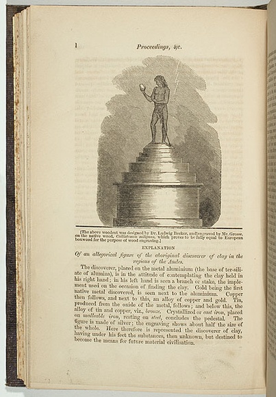 Title: b'Allegorical figure of the Aboriginal discoverer of clay in the regions of the Andes.' | Date: 1859 | Technique: b'wood engraving, printed in black ink, from one block'