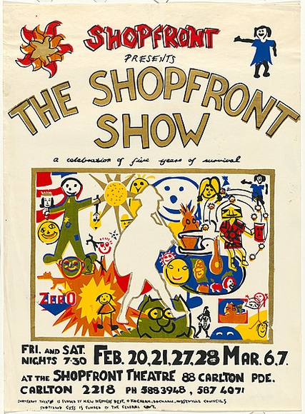 Artist: b'UNKNOWN' | Title: b'The Shopfront Show - Shopfront Theatre' | Date: 1979 | Technique: b'screenprint, printed in colour, from five stencils'