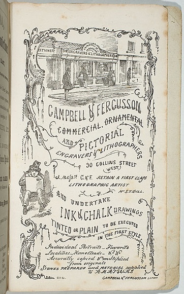 Artist: b'GILL, S.T.' | Title: b'[advertisment for] Campbell & Fergusson, commercial, ornamental and pictoral engravers and lithographers.' | Date: 1855 | Technique: b'lithograph, printed in black ink, from one stone'