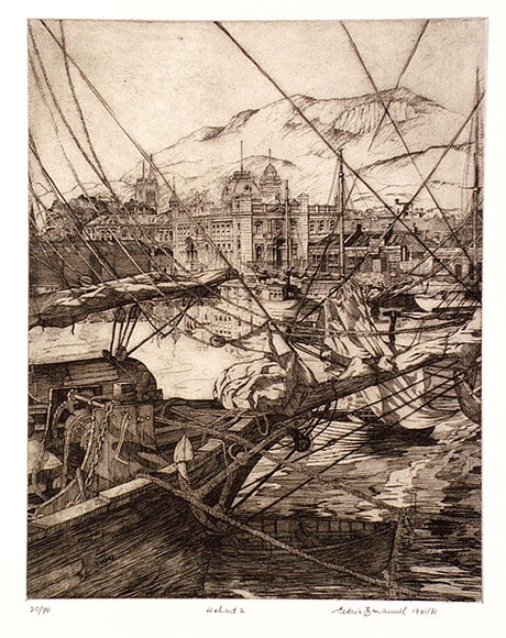 Artist: b'Emanuel, Cedric.' | Title: b'Hobart 2.' | Date: 1931 | Technique: b'etching and aquatint, printed in brown ink with plate-tone, from one plate'