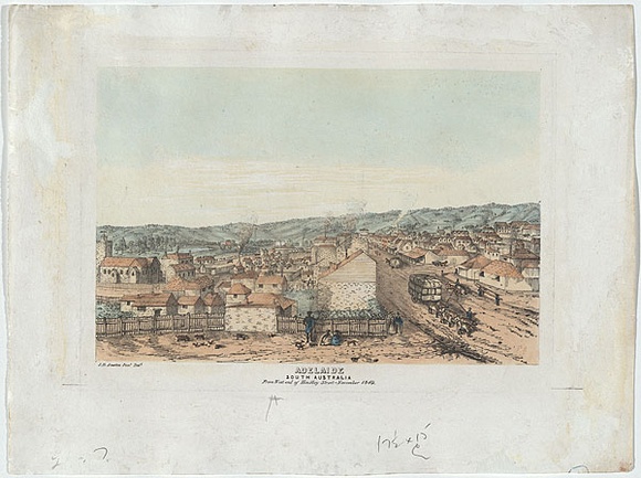Artist: b'Austin, John Baptist.' | Title: b'Adelaide, South Australia from the west end of Hindley Street - November 1849.' | Date: 1849 | Technique: b'lithograph, printed in black ink, from one plate; hand-coloured'