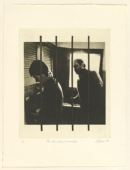 Artist: b'EWINS, Rod' | Title: b'The other side of friendship.' | Date: 1985, February | Technique: b'photo-etching and aquatint, printed in black ink, from one plate'