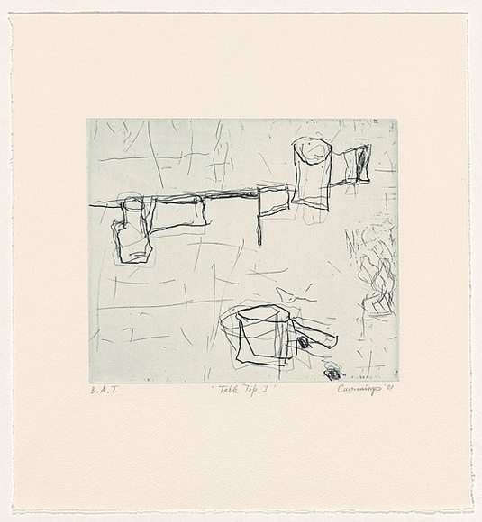 Artist: Cummings, Elizabeth. | Title: Table top 1. | Date: 2001 | Technique: etching, printed in blue/black ink with plate-tone, from one plate