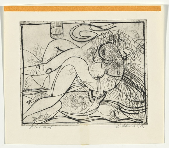 Artist: b'BOYD, Arthur' | Title: b'Lovers below brasso tin.' | Date: (1962-63) | Technique: b'drypoint, printed in black ink, from one plate' | Copyright: b'Reproduced with permission of Bundanon Trust'