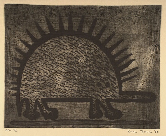 Artist: b'Bowen, Dean.' | Title: b'(Hedgehog)' | Date: 1992 | Technique: b'etching, printed in ochre and black ink, from two plates'