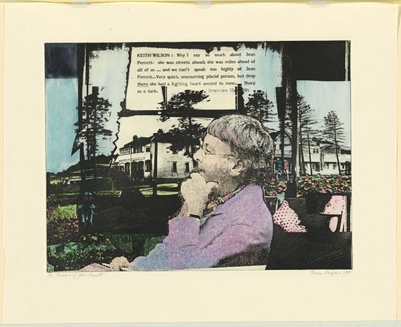 Artist: b'Kenyon, Therese.' | Title: b'Portrait of Jean Perrett' | Date: 1985 | Technique: b'etching, hand-coloured'