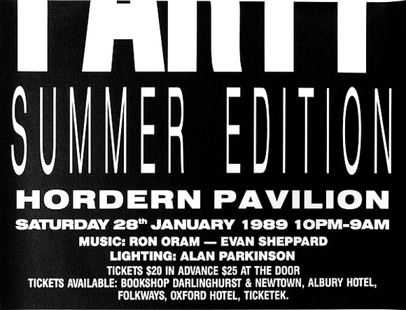 Artist: b'VARIOUS' | Title: b'Black party, Summer edition, Hordern Pavilion [large version, bottom]' | Date: 1989 | Technique: b'screenprint, printed in black ink, from one stencil'