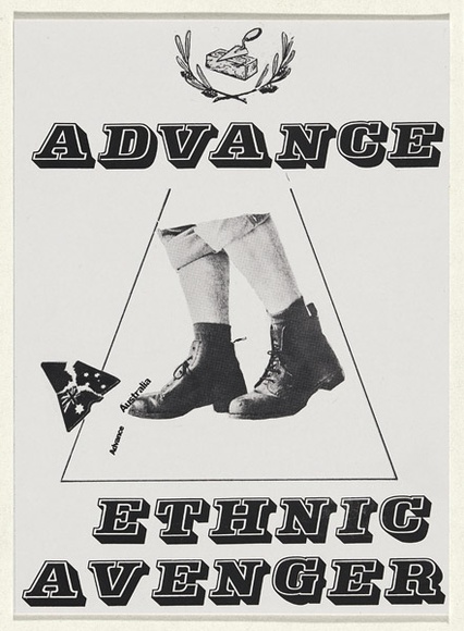 Artist: b'Lyssiotis, Peter.' | Title: b'Advance Ethnic Avenger' | Date: 1989 | Technique: b'photo-offset-lithograph'