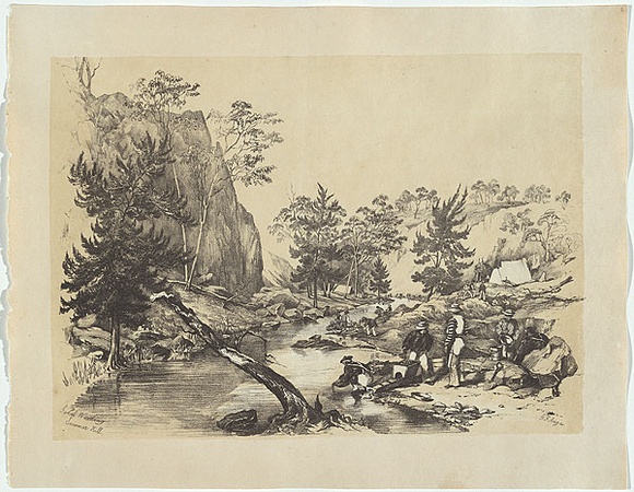 Artist: b'Angas, George French.' | Title: b'Gold washing at Summerhill Creek.' | Date: 1851 | Technique: b'lithograph, printed in colour, from two stones'