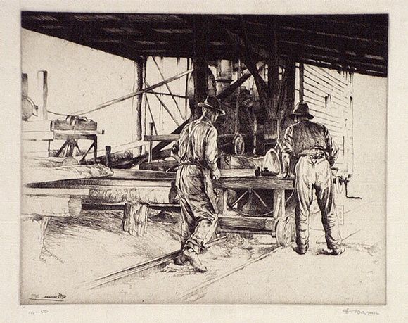 Artist: b'Warner, Alfred Edward.' | Title: b'Timber workers' | Date: 1935 | Technique: b'etching, printed in black ink, from one plate'