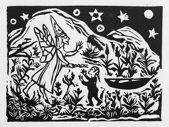 Artist: b'Allen, Joyce.' | Title: b'(Pai Korri getting the magic wand from Iris) (Illustration 3).' | Date: 1987 | Technique: b'linocut, printed in black ink, from one block'