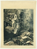 Artist: Thorpe, Lesbia. | Title: Rooftops, Taiwan | Date: 1978 | Technique: woodcut, printed in colour, from two blocks
