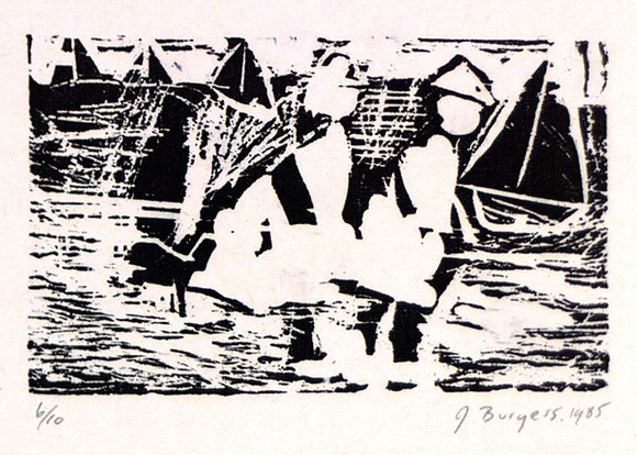 Artist: b'Burgess, Jeff.' | Title: b'Kids on beach.' | Date: 1985 | Technique: b'woodcut'