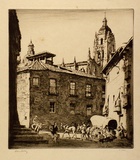 Artist: b'LINDSAY, Lionel' | Title: b'The little square, Segovia' | Date: 1928 | Technique: b'drypoint, printed in brown ink with plate-tone, from one plate' | Copyright: b'Courtesy of the National Library of Australia'