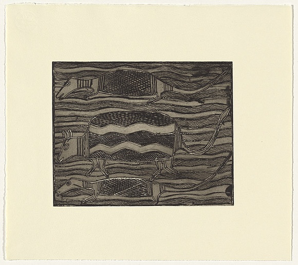 Artist: b'Maymuru, Narritjin.' | Title: b'Bandicoots' | Date: 1978 | Technique: b'etching (lithographic crayon resist) and open bite, printed in black ink, from one plate' | Copyright: b'\xc2\xa9 J\xc3\xb6rg Schmeisser'