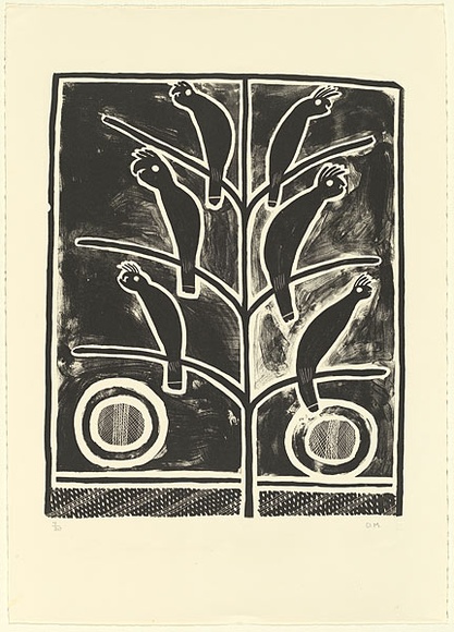 Artist: b'Malangi Daymirringu, David.' | Title: b'Black cockatoos' | Technique: b'lithograph, printed in black ink, from one stone [or plate]' | Copyright: b'\xc2\xa9 David Malangi. Licensed by VISCOPY, Australia'