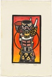 Title: b'Pukamani Poles' | Date: 2003 | Technique: b'linocut, printed in black ink, from one block; hand coloured'