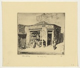 Artist: LINDSAY, Lionel | Title: The lolly shop, Essex Street, The Rocks | Date: 1923 | Technique: etching and foul biting, printed in brown ink, from one plate | Copyright: Courtesy of the National Library of Australia