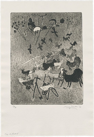 Artist: b'WALKER, Murray' | Title: b'Sheep at Kallista.' | Date: 1966 | Technique: b'etching and aquatint, printed in black ink, from one plate'