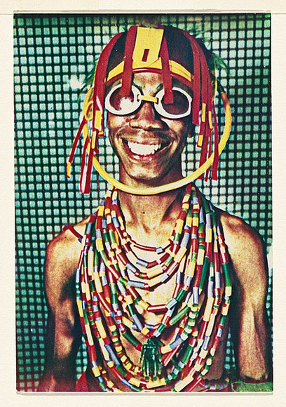Artist: b'McDiarmid, David.' | Title: b'not titled [two men in costume]: postcard from the series Urban Tribalwear.' | Date: (1980) | Technique: b'photocopy, printed in colour' | Copyright: b'Courtesy of copyright owner, Merlene Gibson (sister)'