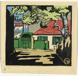 Artist: b'Allport, C.L.' | Title: b'The house with green shutters.' | Date: c.1926 | Technique: b'linocut, printed in colour, from multiple blocks'