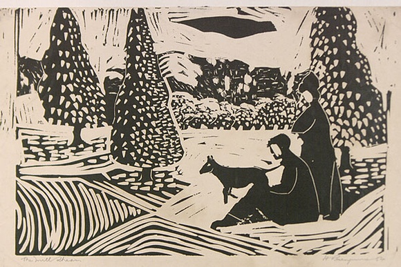 Artist: b'ROSENGRAVE, Harry' | Title: b'The mill stream' | Date: 1957 | Technique: b'linocut, printed in black ink, from one block'