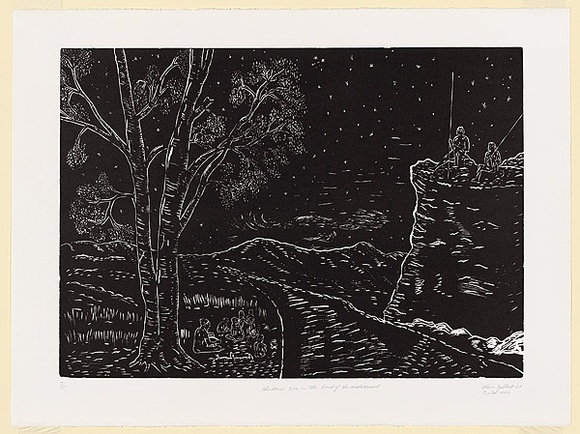 Artist: Gilbert, Kevin. | Title: Christmas eve in the land of the dispossessed | Date: 1969 | Technique: linocut, printed in black ink, from one block