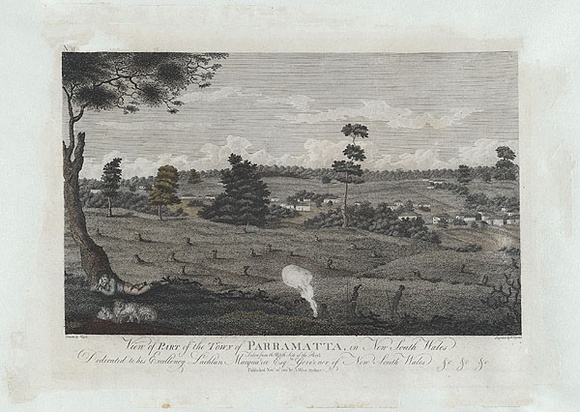 Title: b'View of part of the town of Parramatta, in New South Wales. Taken from the north side of the River.' | Date: 1812 | Technique: b'engraving, printed in black ink, from one copper plate'