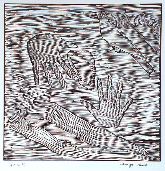 Artist: b'STREET, Mervyn' | Title: b'Two hands with bird' | Date: 1999, September | Technique: b'linocut, printed in black ink, from one block'