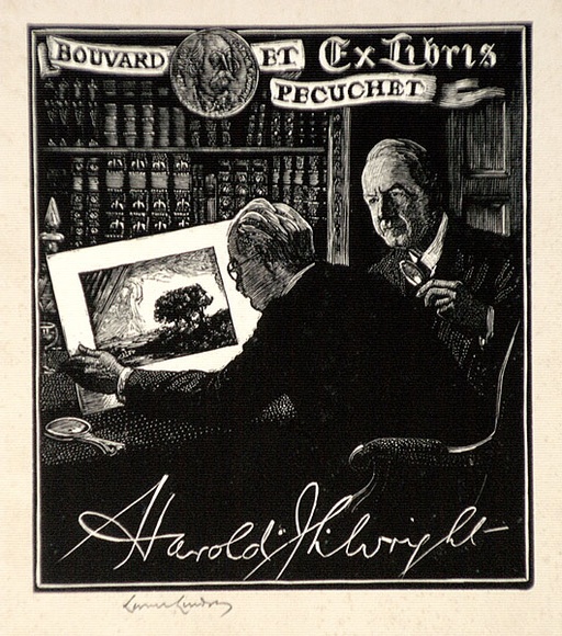 Artist: b'LINDSAY, Lionel' | Title: b'Book plate: Harold Wright' | Date: 1943 | Technique: b'wood-engraving, printed in black ink, from one block' | Copyright: b'Courtesy of the National Library of Australia'