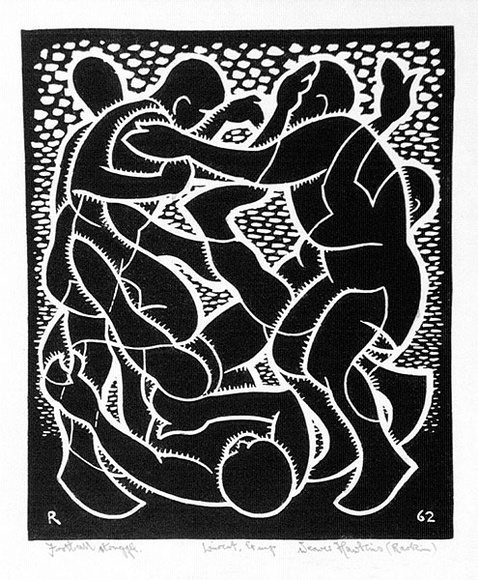 Artist: b'Hawkins, Weaver.' | Title: b'Football struggle' | Date: 1962 | Technique: b'linocut, printed in black ink, from one block' | Copyright: b'The Estate of H.F Weaver Hawkins'