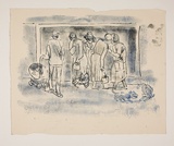 Artist: b'Hirschfeld Mack, Ludwig.' | Title: bnot titled [Street group of women, dogs and man with pram] [recto]; [Study for 'Street group of women, dogs and man with pram'] [verso] | Date: (1950-59?) | Technique: b'transfer print (recto)'