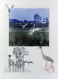 Artist: b'GRIFFITH, Pamela' | Title: b'Brolgas by the lagoon' | Date: 1989 | Technique: b'hard ground, aquatint, soft ground, from one copper plate; additional hand-tinting,' | Copyright: b'\xc2\xa9 Pamela Griffith'