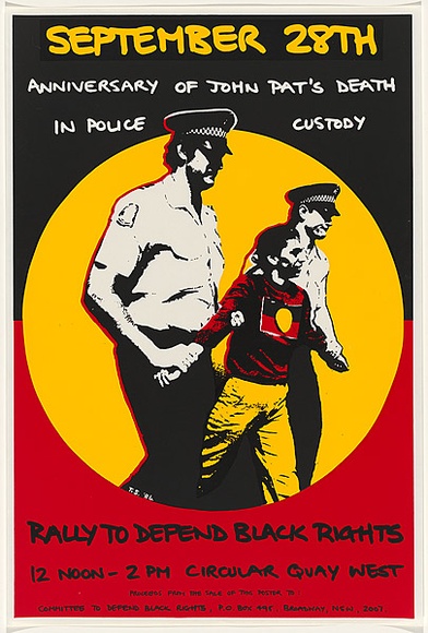 Artist: b'Debenham, Pam.' | Title: bSeptember 28th - anniversary of John Pat's death in police custody. | Date: 1984 | Technique: b'screenprint, printed in colour, from three stencils'