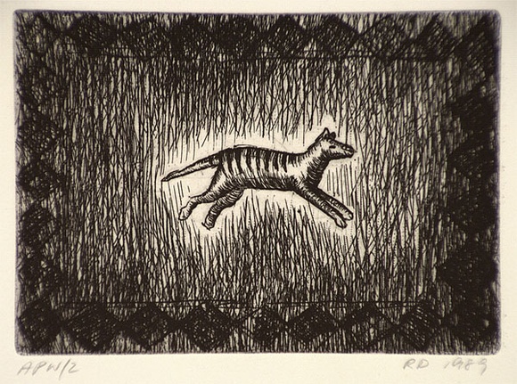 Artist: b'Daw, Robyn.' | Title: b'not titled [tiger leaping with frame of diamond shapes]' | Date: 1989 | Technique: b'etching, printed in black ink, from one plate'