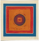 Artist: SELLBACH, Udo | Title: (Orange and blue square with circle) | Date: 1967 | Technique: etching, aquatint printed in colour from two  plates