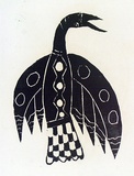 Artist: Artist unknown | Title: Bird with checkerboard tail pattern | Date: 1970s | Technique: woodcut, printed in black ink, from one block