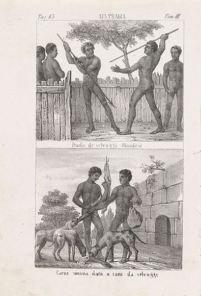 Artist: b'Antonelli, Giuseppe.' | Title: b'Duello de selvaggi Olandesi. [Duel of the (New) Holland savages].  Carne umana data a cani da selvaggi. [Human flesh given to dogs by savages]' | Date: 1841 | Technique: b'lithograph, printed in black ink from two stones'