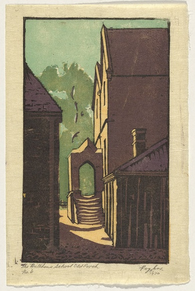 Artist: b'Cox, Roy.' | Title: b'The Hutchins school, old porch.' | Date: 1930 | Technique: b'linocut, printed in colour, from mutliple blocks'