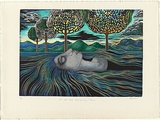 Title: We all have dreaming trees | Date: 2009 | Technique: linocut, printed in black ink from one block; hand-coloured