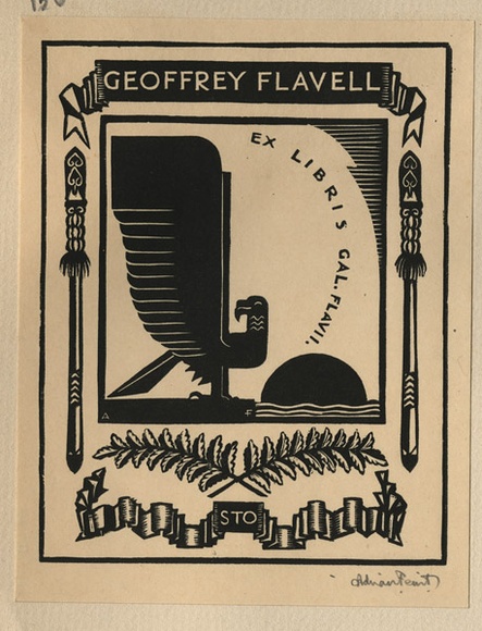 Artist: b'FEINT, Adrian' | Title: b'Bookplate: Geoffrey Flavell.' | Date: (1933) | Technique: b'wood-engraving, printed in black ink, from one block' | Copyright: b'Courtesy the Estate of Adrian Feint'