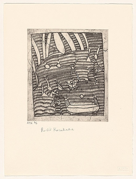 Artist: b'KARADADA, Rosie' | Title: b'not titled #4 [coolamon, dancing bradshaws and waterholes]' | Date: 1994, July | Technique: b'etching, printed in black ink, from one plate'