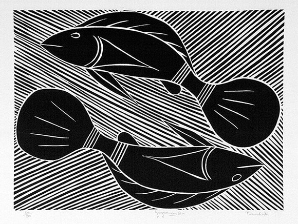 Artist: b'Marika, Banduk.' | Title: b'Guyamanda' | Date: 1986 | Technique: b'linocut, printed in colour, by reductive blocks'