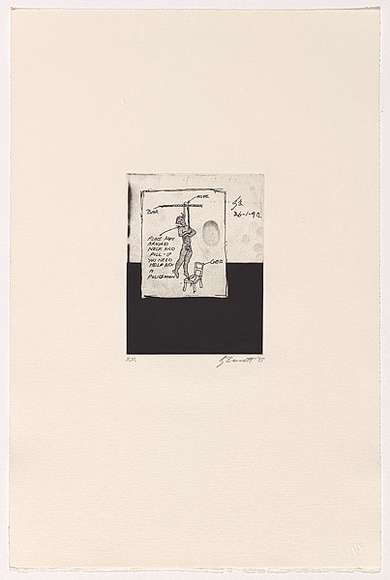 Artist: b'Bennett, Gordon.' | Title: b'not titled [Hanged man]' | Date: 1993 | Technique: b'soft-ground etching, printed in black ink, from one plate' | Copyright: b'\xc2\xa9 Gordon Bennett, Licensed by VISCOPY, Australia'