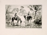 Artist: LINDSAY, Lionel | Title: Travellers | Date: 1938 | Technique: etching, printed in black ink with plate-tone, from one plate | Copyright: Courtesy of the National Library of Australia