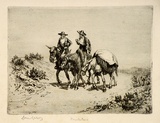 Artist: LINDSAY, Lionel | Title: Muleteers, Spain | Date: 1921 | Technique: etching printed green-black ink with plate-tone, from one plate | Copyright: Courtesy of the National Library of Australia