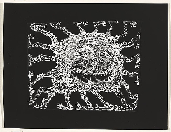 Title: b'not titled [abstract composition 3: filaments of circular motif radiating outwards]' | Date: c.1993 | Technique: b'clich\xc3\xa9-verre, printed in black, from hand-drawn glass negative'