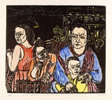 Artist: b'ZOFREA, Salvatore' | Title: b'Woman arrives in Australia with youngest children.' | Date: 1989 | Technique: b'woodcut, printed in black, from one block; hand-coloured' | Copyright: b'\xc2\xa9 Salvatore Zofrea, 1989'