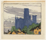 Artist: SPOWERS, Ethel | Title: Durham Cathedral | Date: c.1924 | Technique: woodcut, printed in colour in the Japanese manner, from five blocks